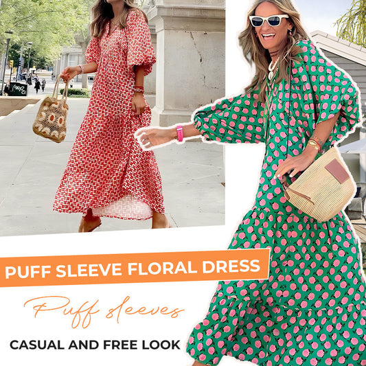🔥Hot Sale 49% OFF💝✨V-neck Puff Sleeve Floral Dress