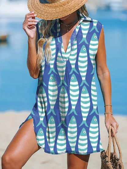 Women's Fish Print Casual Cotton And Linen 3/4 Sleeve Shirt
