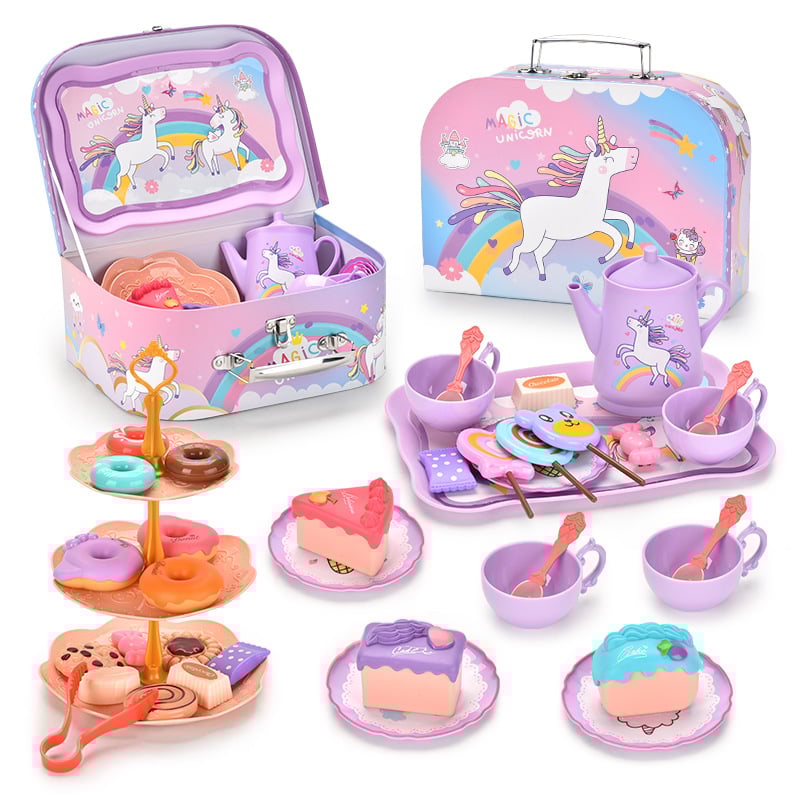 🎁HOT SALE 49% OFF🎁Unicorn Castle Pretend Tin Teapot and dessert rack set-4