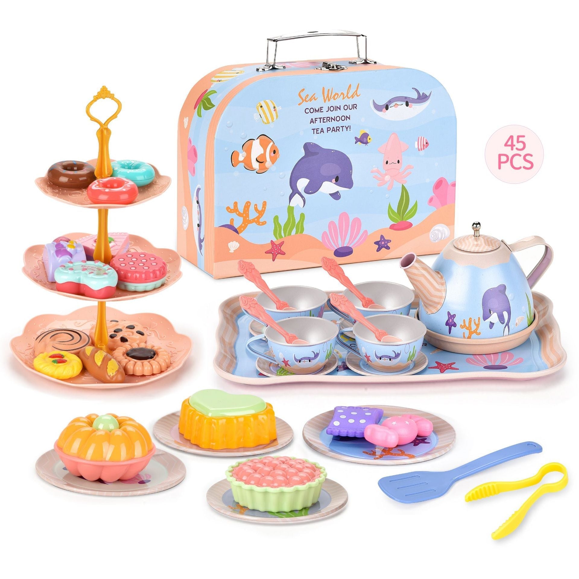 🎁HOT SALE 49% OFF🎁Unicorn Castle Pretend Tin Teapot and dessert rack set-9
