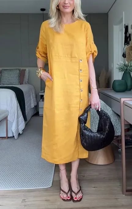 NEW🔥 2025 Women's Solid Color Round Neck Split Mid-Length Casual Dress