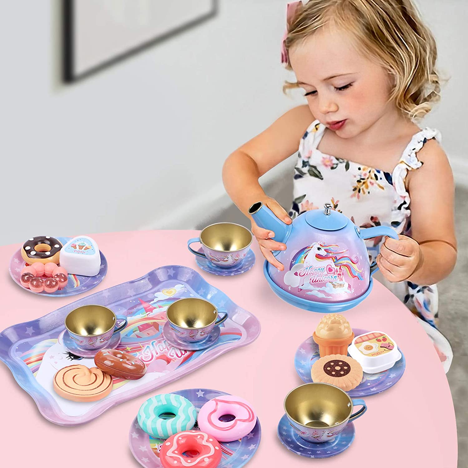🎁HOT SALE 49% OFF🎁Unicorn Castle Pretend Tin Teapot and dessert rack set-1