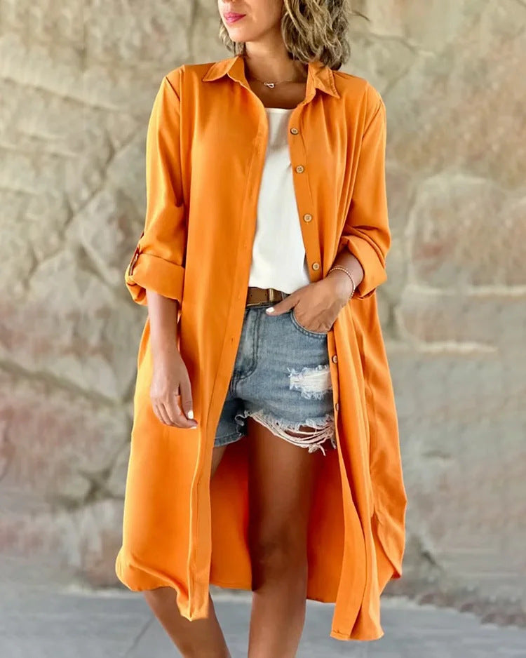 🔥LAST DAY 49% OFF🔥Women's Casual Lapel Solid Color Shirt Coat-1