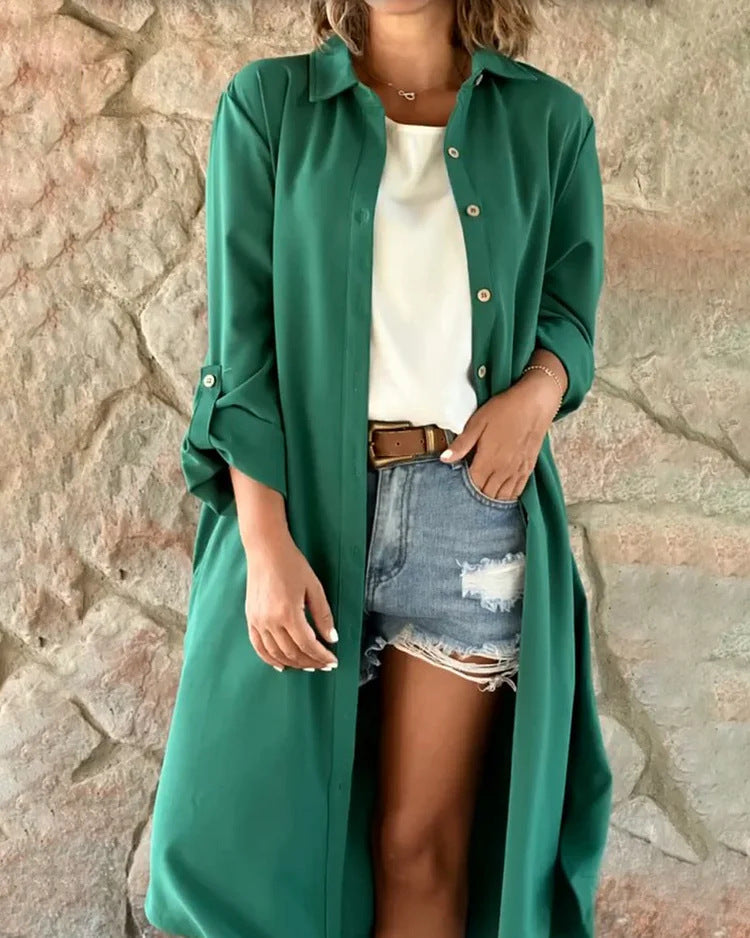 🔥LAST DAY 49% OFF🔥Women's Casual Lapel Solid Color Shirt Coat-2