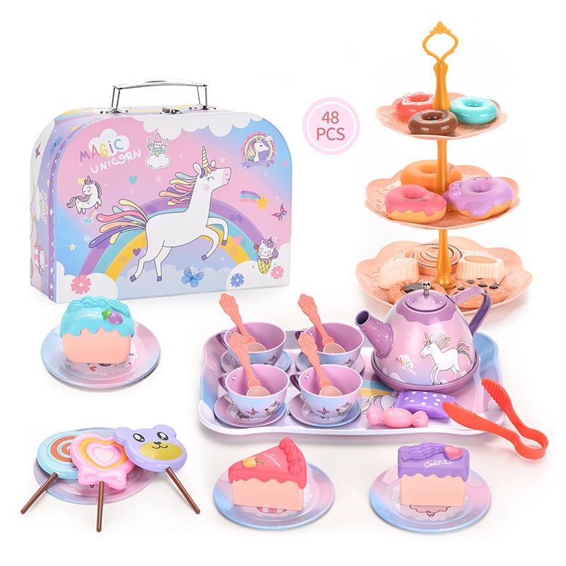 🎁HOT SALE 49% OFF🎁Unicorn Castle Pretend Tin Teapot and dessert rack set-14