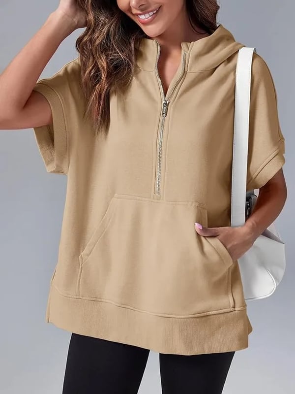 2024 Oversized Casual Half Zip Short Sleeve Pullover Tops with Pockets-1