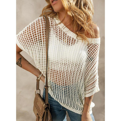 💥💥This Week's Special Price💥Women's Summer Scoop Neck ShortSleeve Sweater Casual Crochet Hollow Out KnitTops