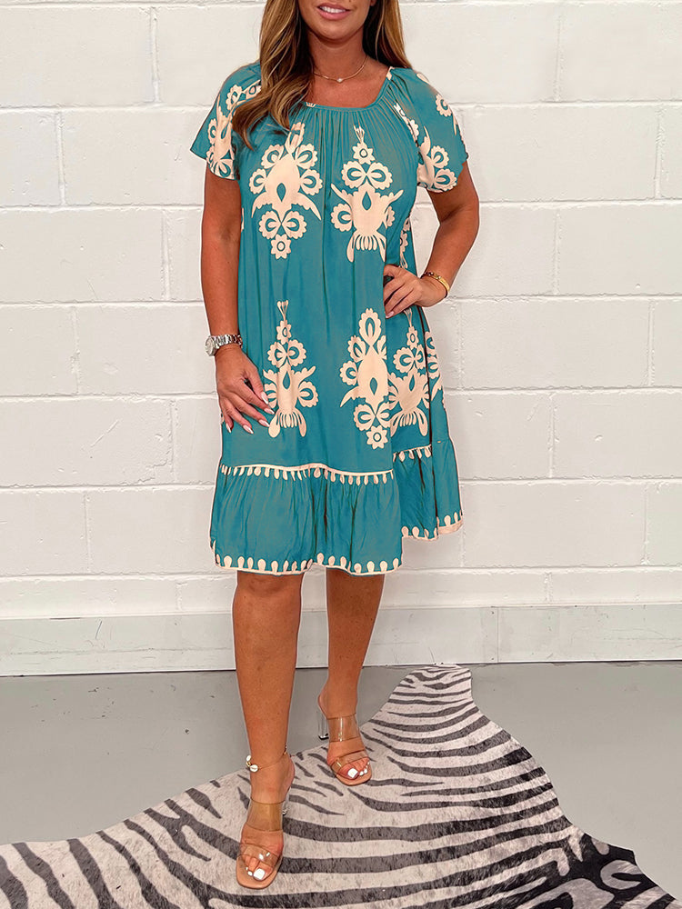 🎁LAST DAY 49% OFF🔥Geometric Pattern Multi Print Square Neck Dress🔥Buy 2 Get 15% OFF-4