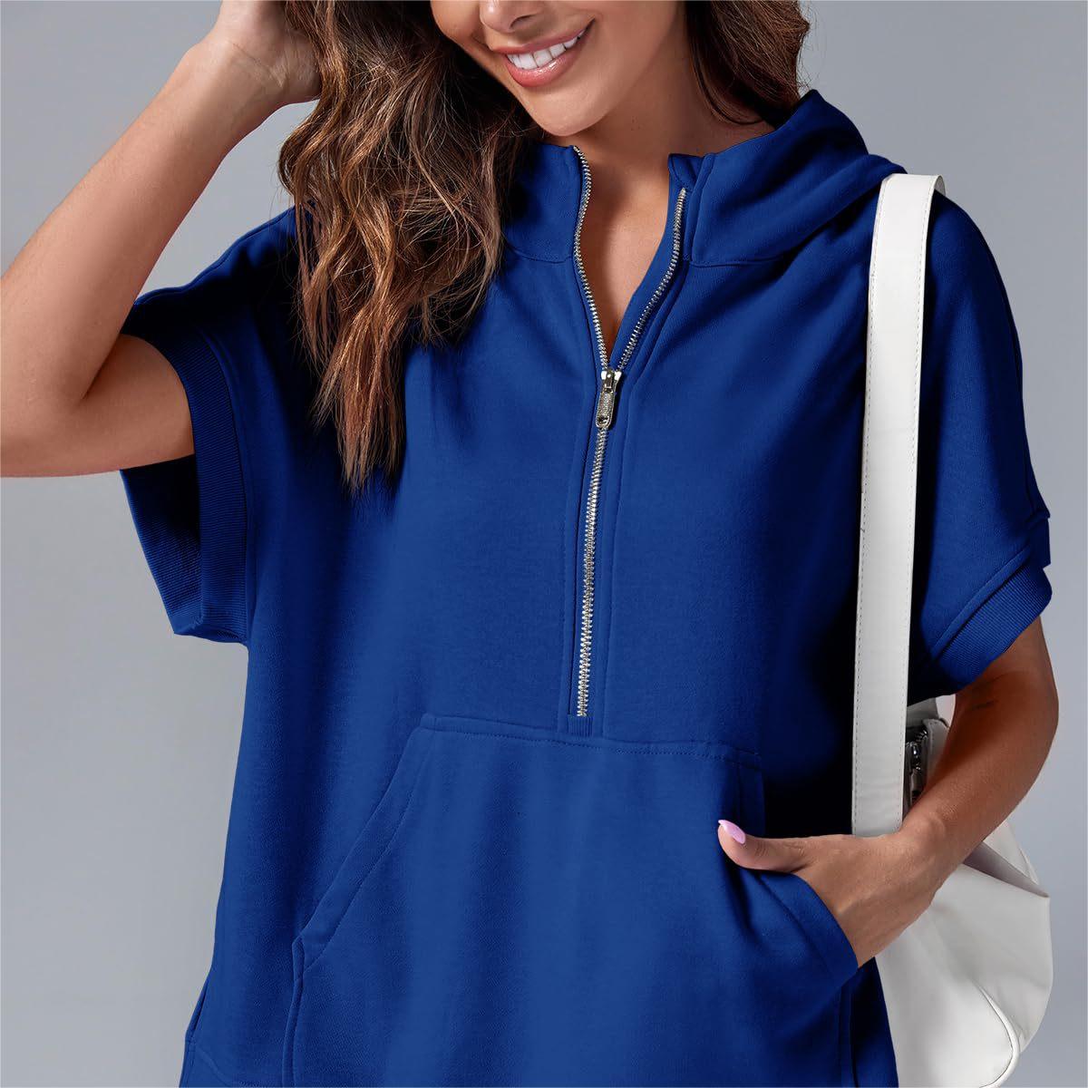 2024 Oversized Casual Half Zip Short Sleeve Pullover Tops with Pockets-2