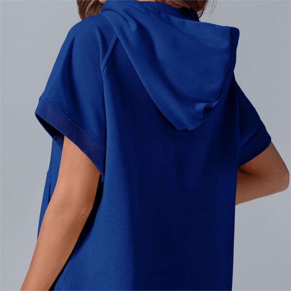 2024 Oversized Casual Half Zip Short Sleeve Pullover Tops with Pockets-4