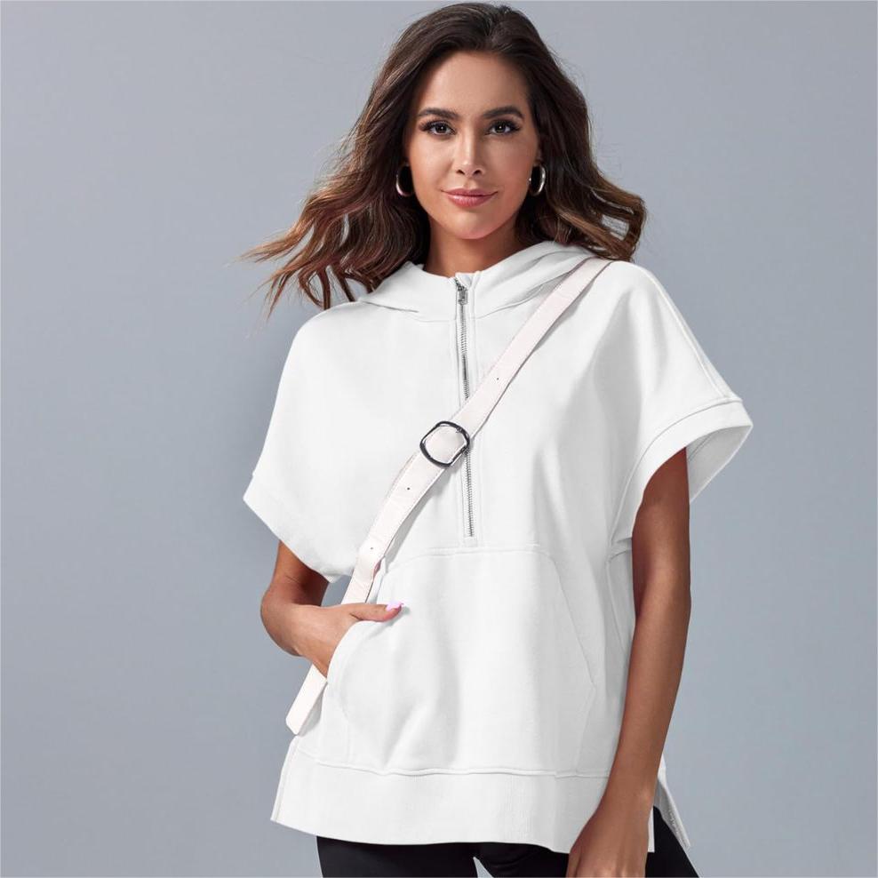 2024 Oversized Casual Half Zip Short Sleeve Pullover Tops with Pockets-7