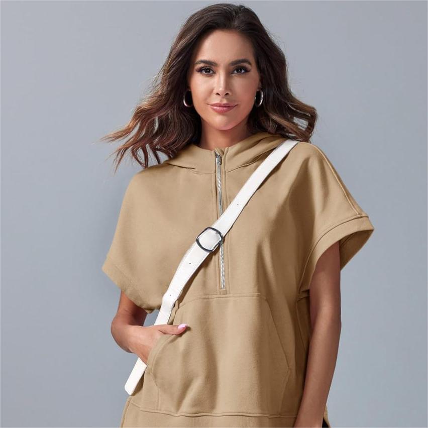 2024 Oversized Casual Half Zip Short Sleeve Pullover Tops with Pockets-10
