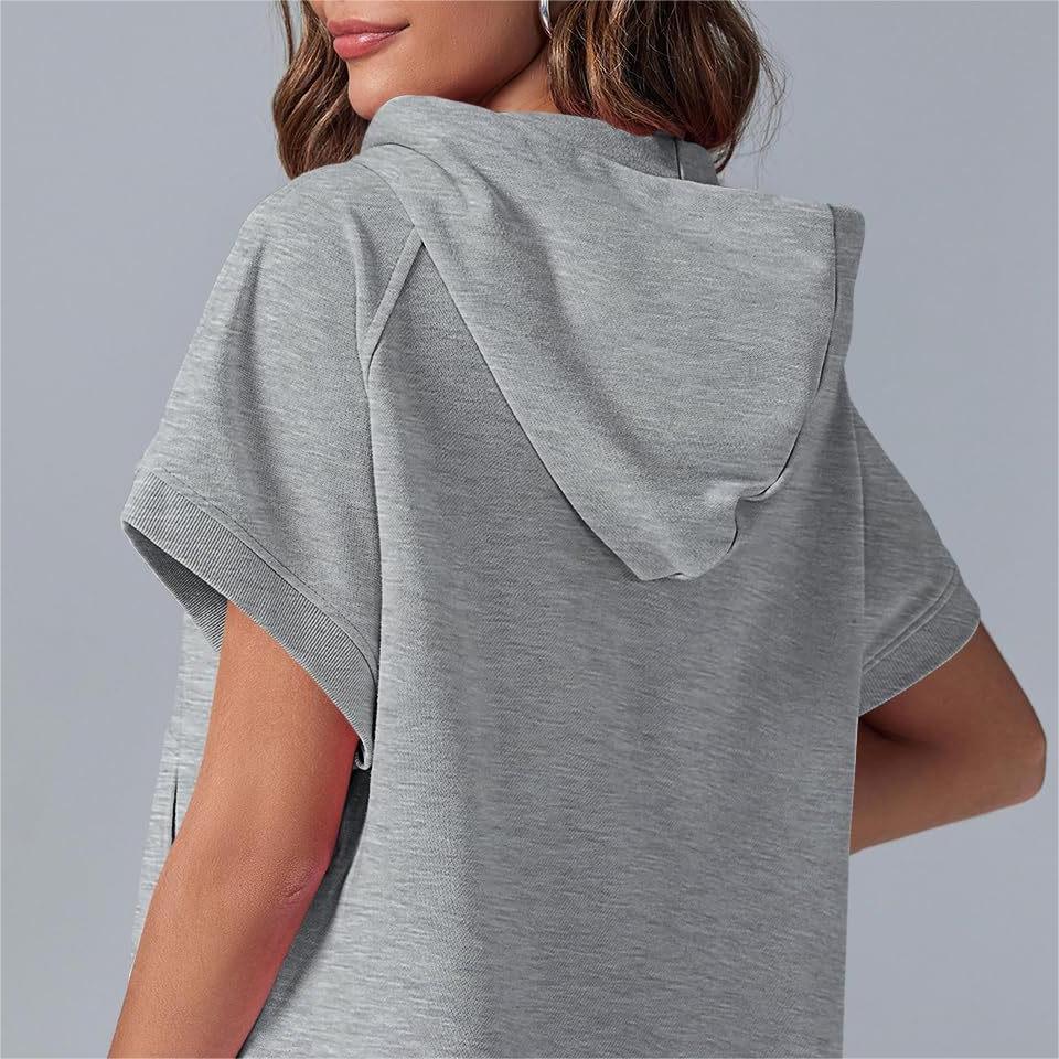 2024 Oversized Casual Half Zip Short Sleeve Pullover Tops with Pockets-11