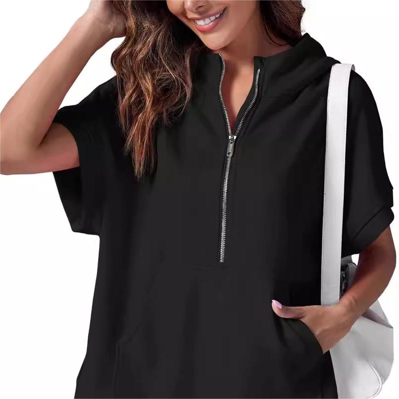 2024 Oversized Casual Half Zip Short Sleeve Pullover Tops with Pockets-13