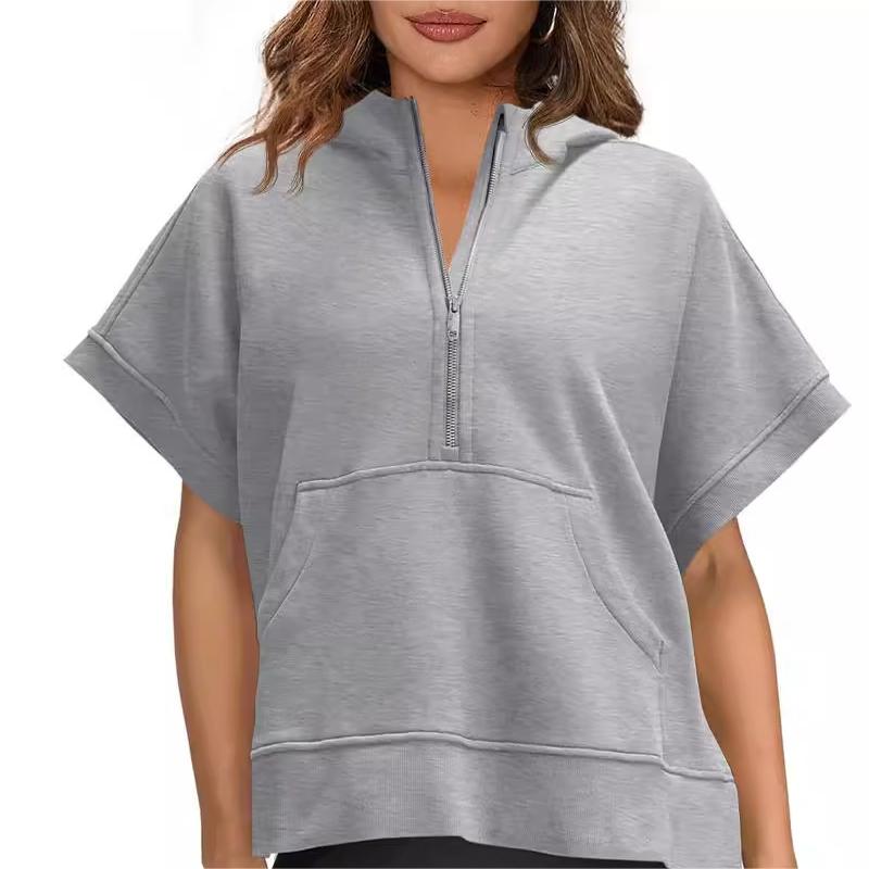 2024 Oversized Casual Half Zip Short Sleeve Pullover Tops with Pockets-15