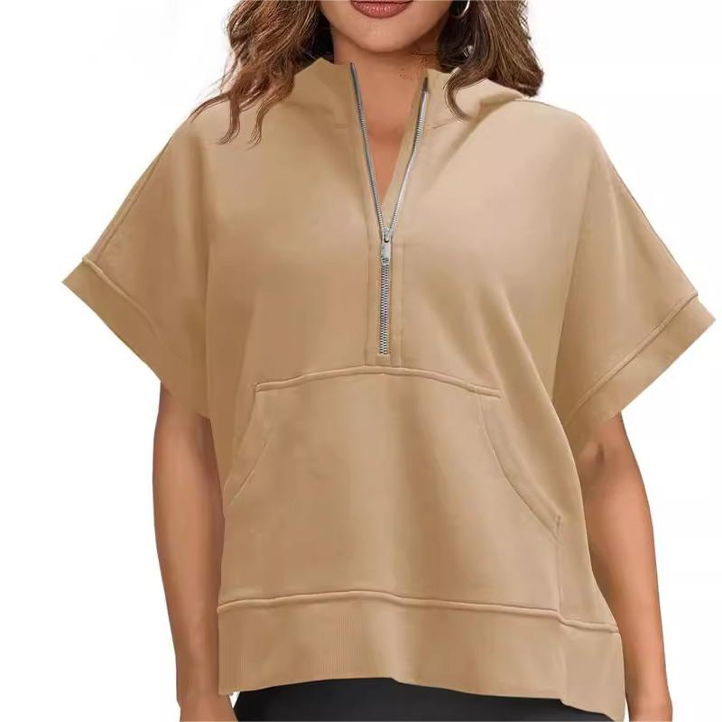 2024 Oversized Casual Half Zip Short Sleeve Pullover Tops with Pockets-14