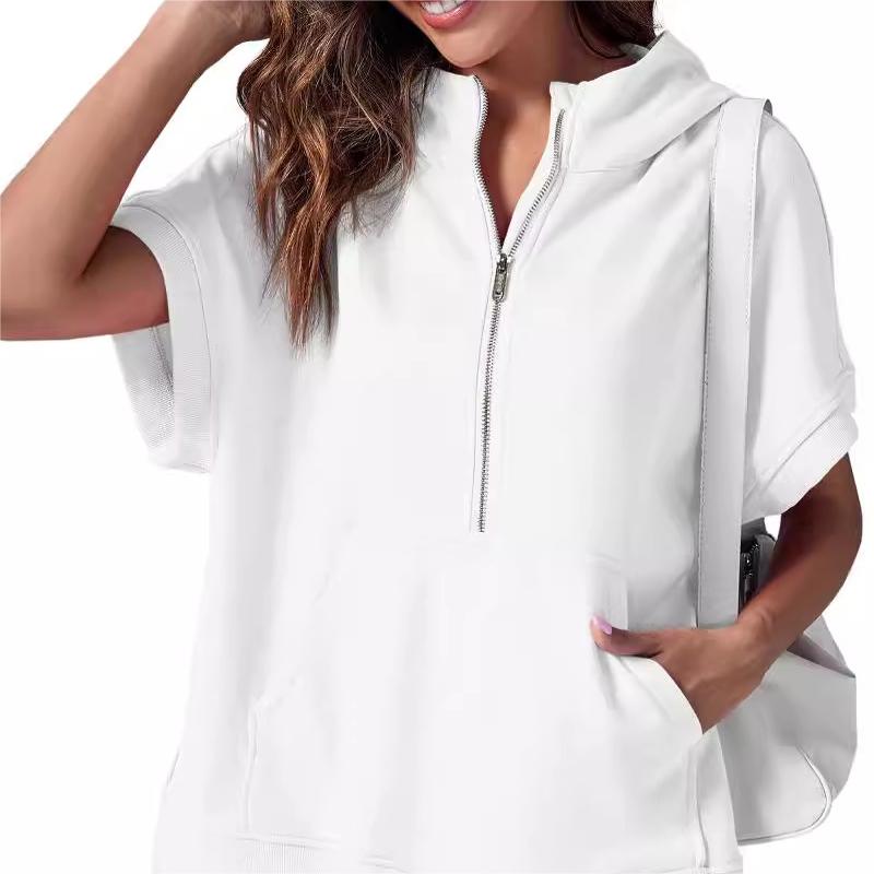2024 Oversized Casual Half Zip Short Sleeve Pullover Tops with Pockets-16
