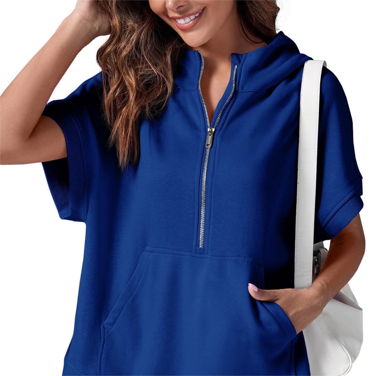 2024 Oversized Casual Half Zip Short Sleeve Pullover Tops with Pockets-17