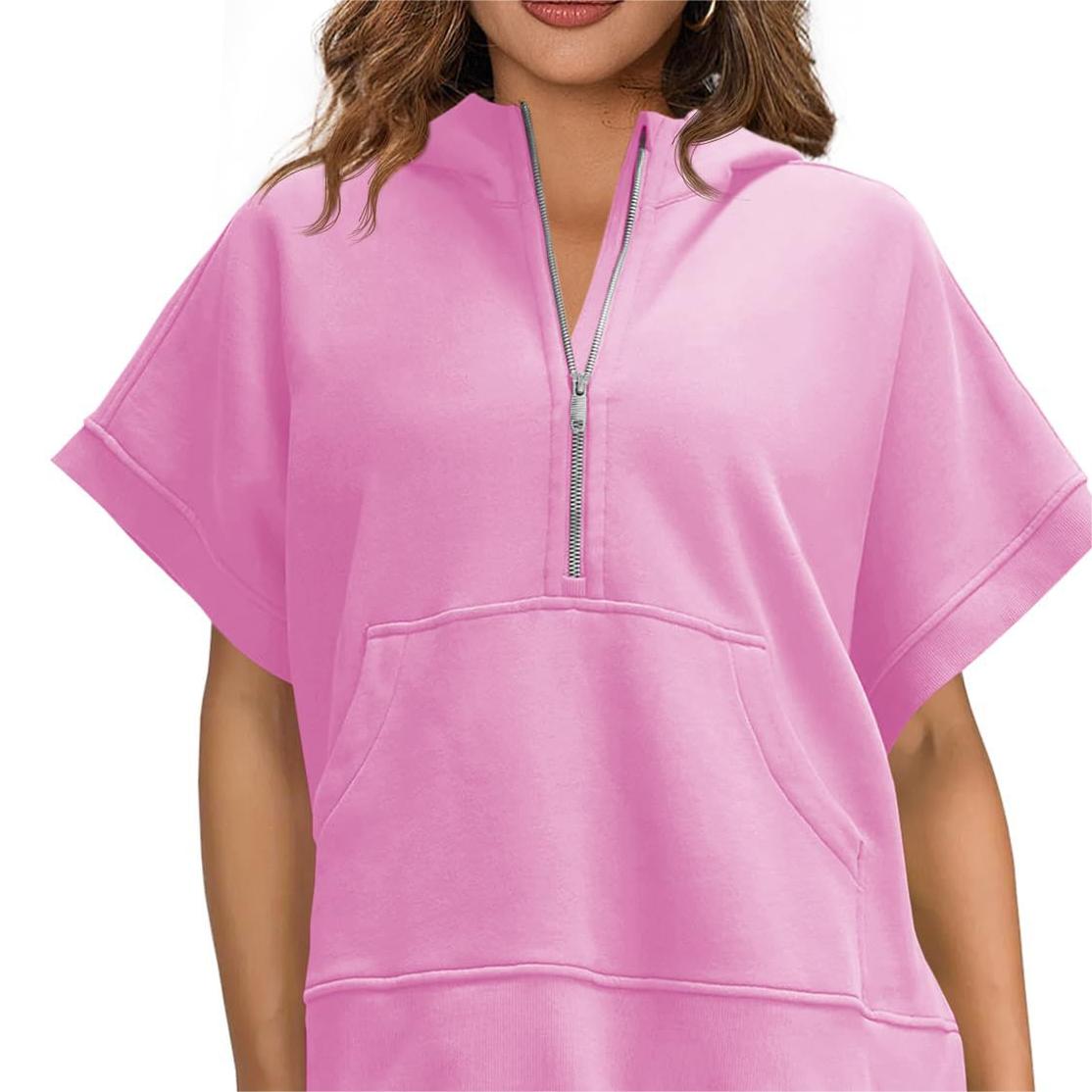 2024 Oversized Casual Half Zip Short Sleeve Pullover Tops with Pockets-18