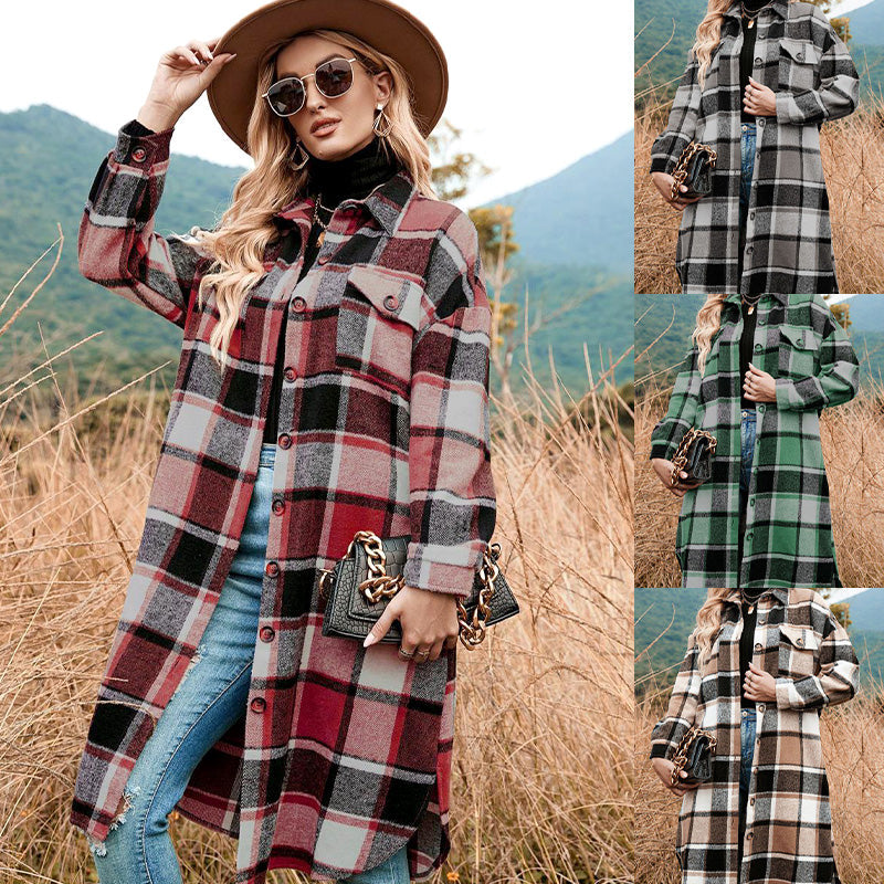 Women's Plaid Print Long Sleeve Warm Tweed Coat-1