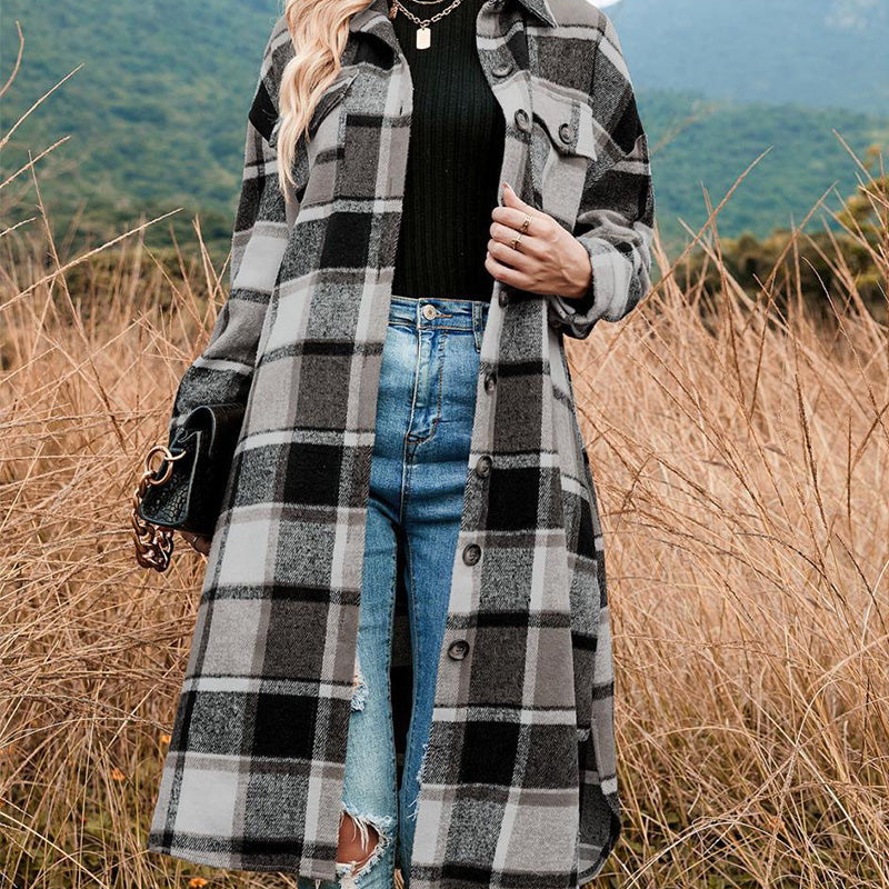 Women's Plaid Print Long Sleeve Warm Tweed Coat-4