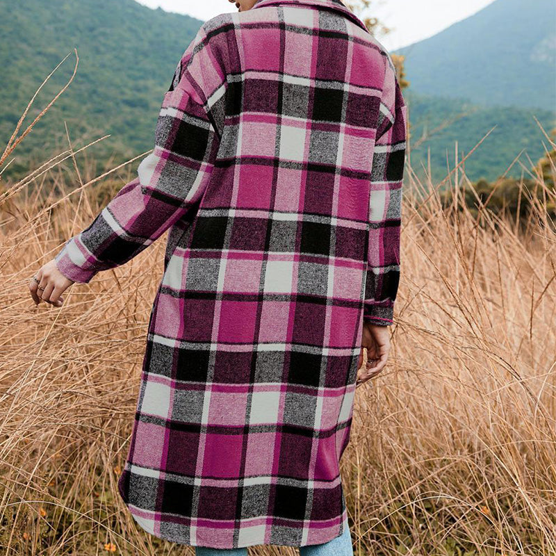 Women's Plaid Print Long Sleeve Warm Tweed Coat-5