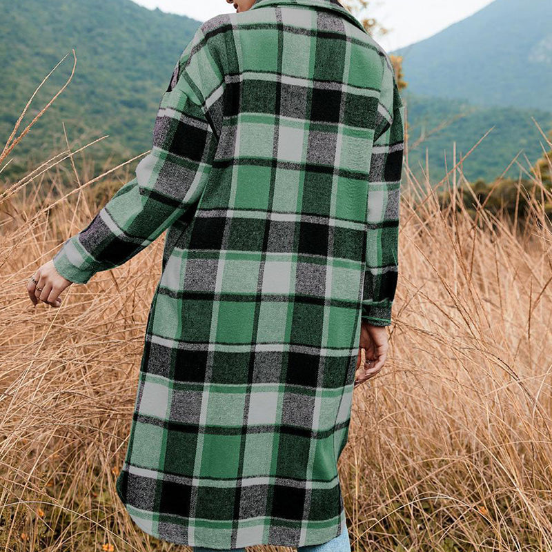 Women's Plaid Print Long Sleeve Warm Tweed Coat-7