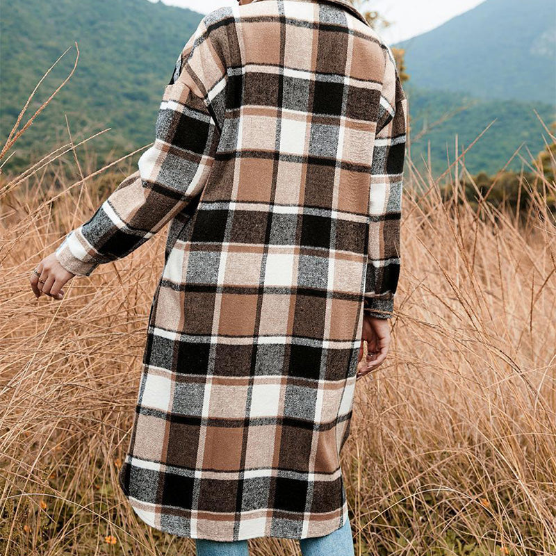 Women's Plaid Print Long Sleeve Warm Tweed Coat-6