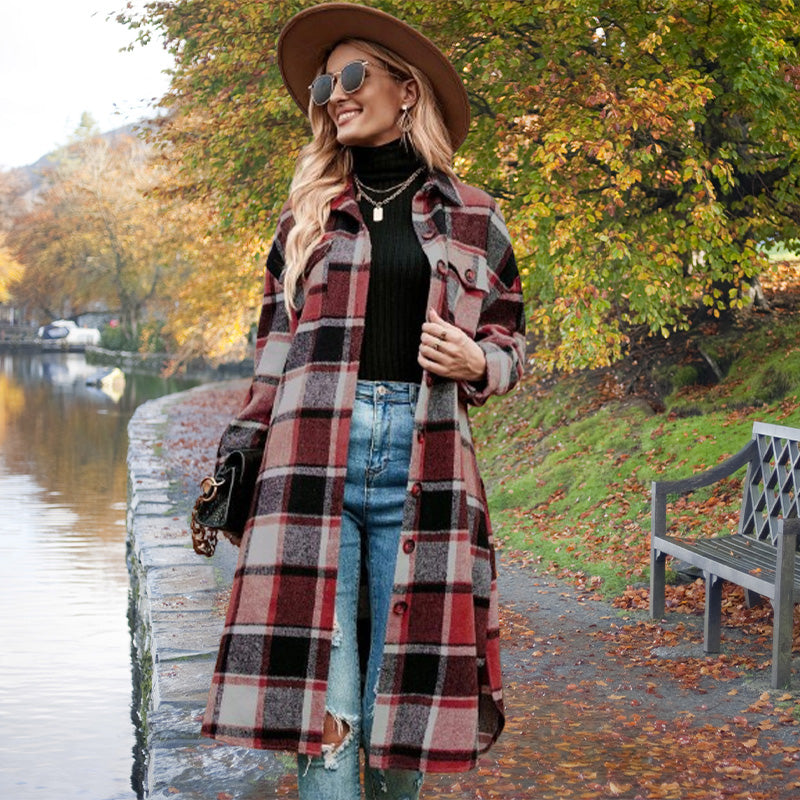Women's Plaid Print Long Sleeve Warm Tweed Coat-11