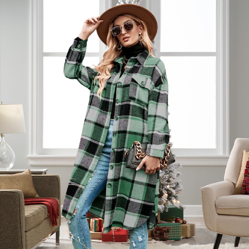 Women's Plaid Print Long Sleeve Warm Tweed Coat-12