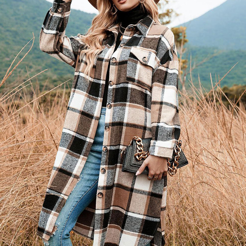 Women's Plaid Print Long Sleeve Warm Tweed Coat-10