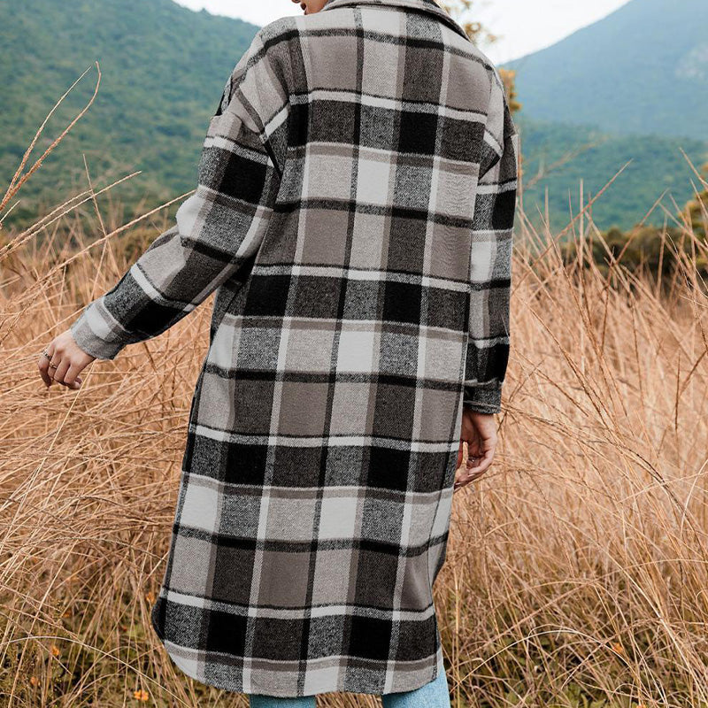 Women's Plaid Print Long Sleeve Warm Tweed Coat-13