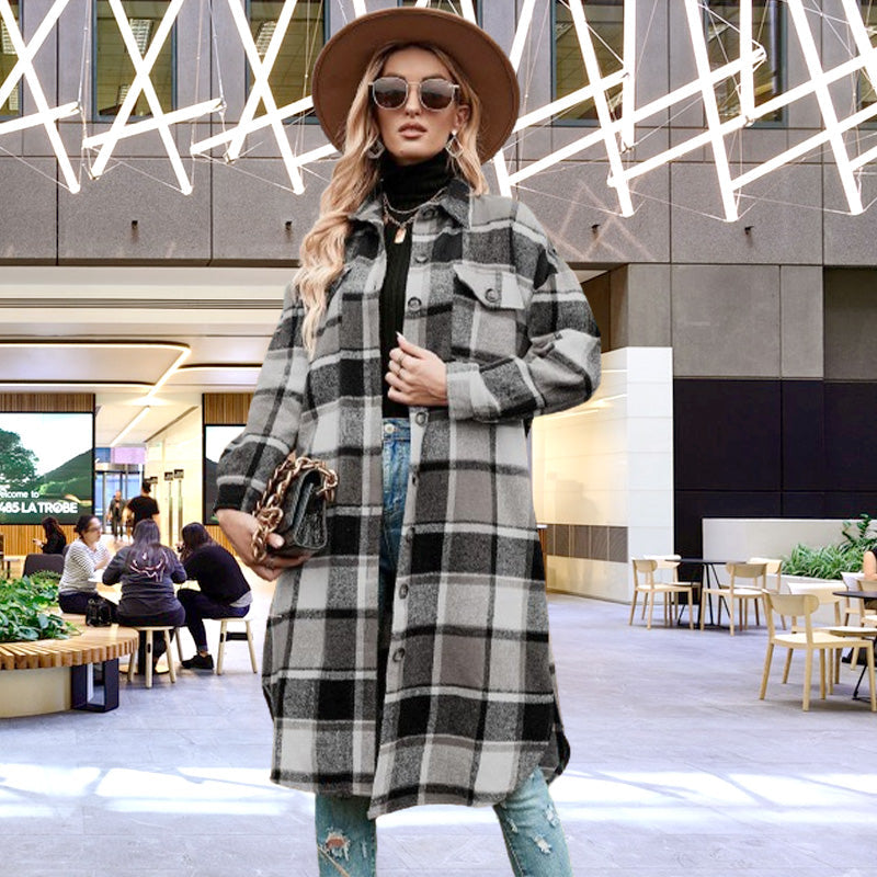 Women's Plaid Print Long Sleeve Warm Tweed Coat-15