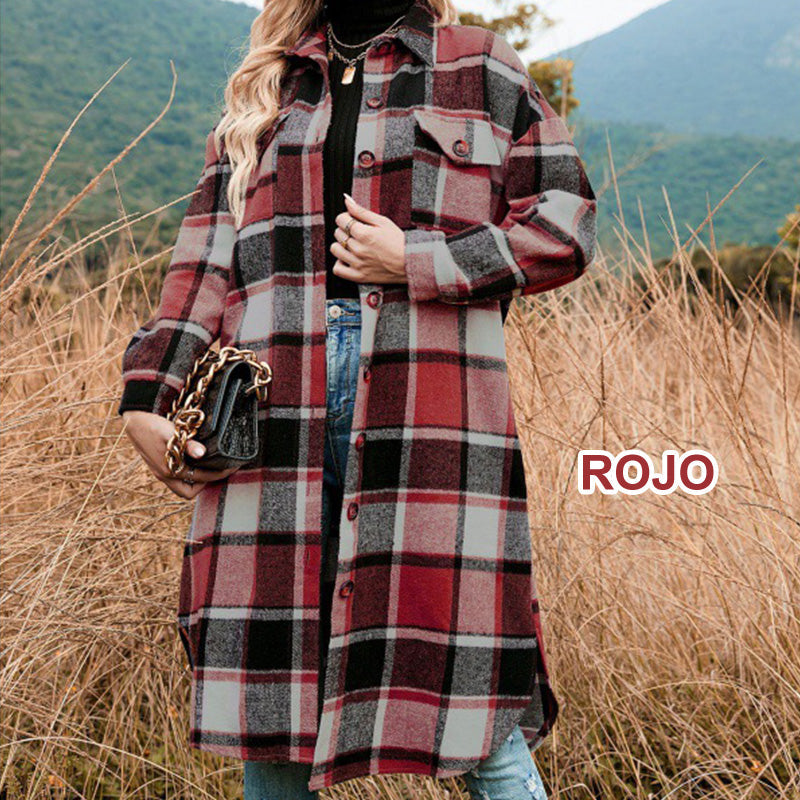 Women's Plaid Print Long Sleeve Warm Tweed Coat-17