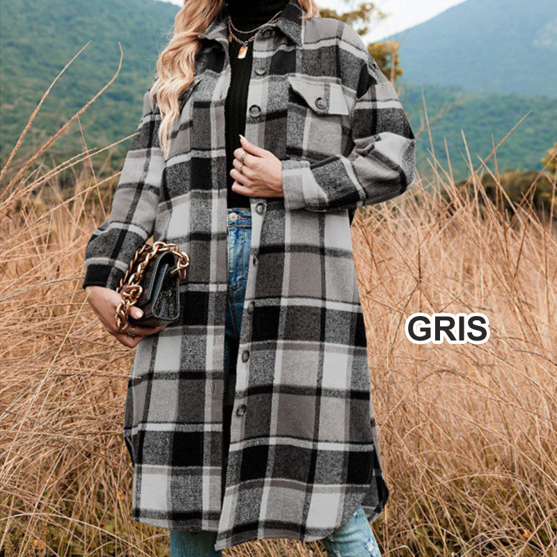 Women's Plaid Print Long Sleeve Warm Tweed Coat-22