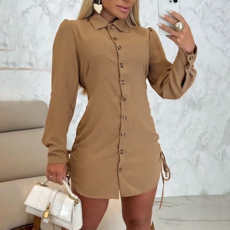 Women's Lapel Button-Down Side Drawstring Shirt Dress-1