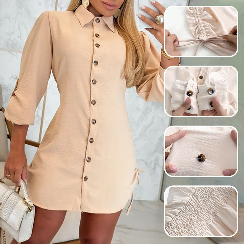 Women's Lapel Button-Down Side Drawstring Shirt Dress-3