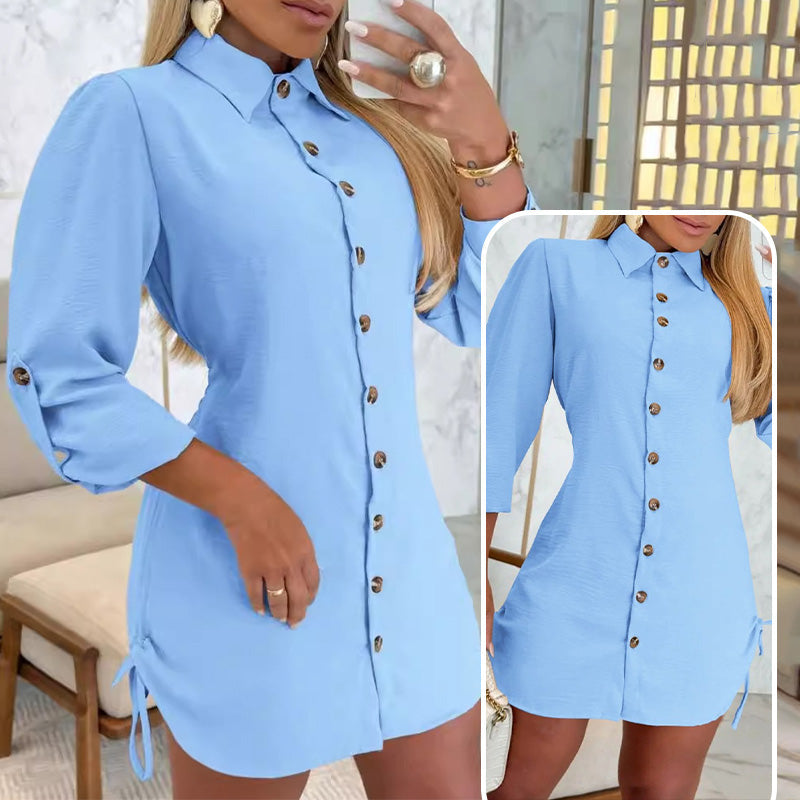 Women's Lapel Button-Down Side Drawstring Shirt Dress-4