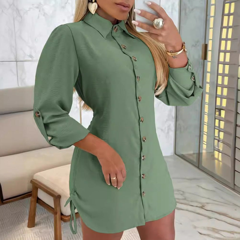 Women's Lapel Button-Down Side Drawstring Shirt Dress-11