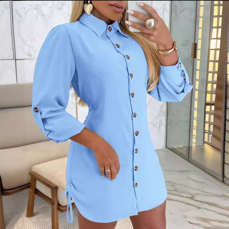 Women's Lapel Button-Down Side Drawstring Shirt Dress-12