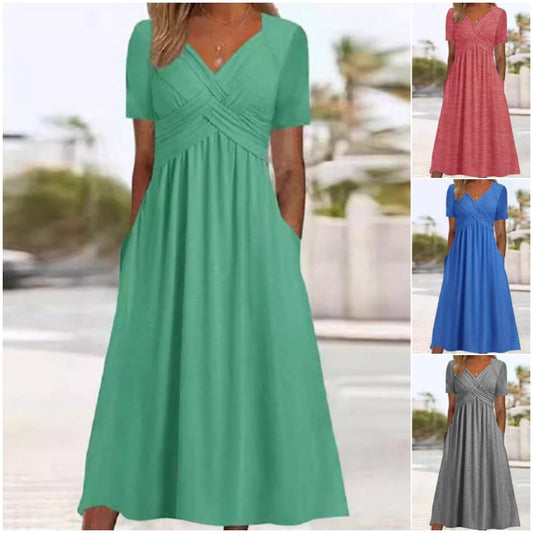 🍀LAST DAY SALE 49% OFF🍀Women’s V-Neck Short Sleeve Long Dresses
