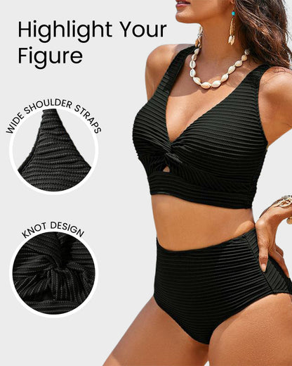 🏆Only £11.99 Last Day Promotion!🎁 👙Textured Knot-Front High-Waisted Bikini Set