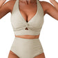 🏆Only £11.99 Last Day Promotion!🎁 👙Textured Knot-Front High-Waisted Bikini Set