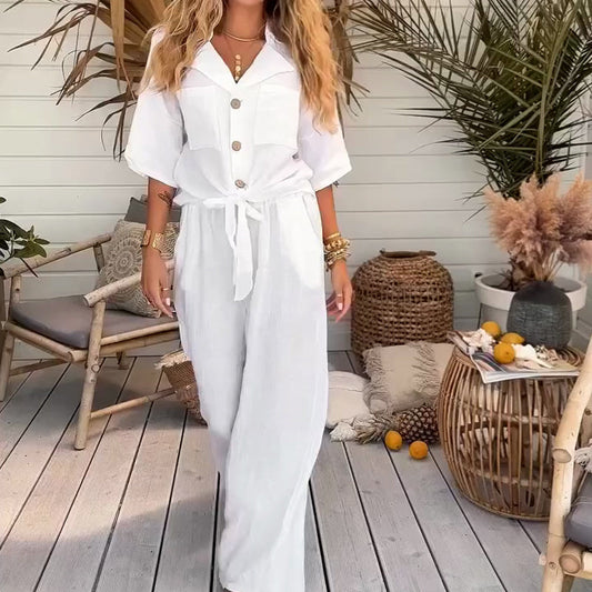 🎁LAST DAY SALE 49% OFF🔥🌸Women's Solid Color Loose Short-Sleeve Shirt & Wide-Leg Pants 2-Piece Set