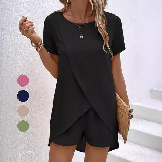 Einfarbiges unregelmäßiges Oberteil und Shorts Set für Frauen