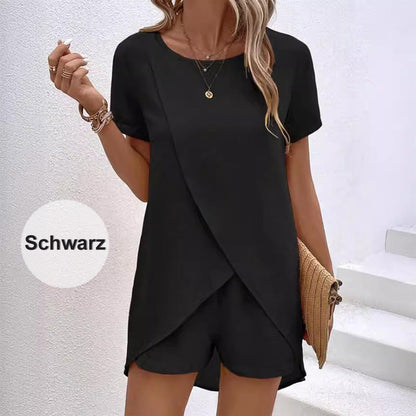 Einfarbiges unregelmäßiges Oberteil und Shorts Set für Frauen