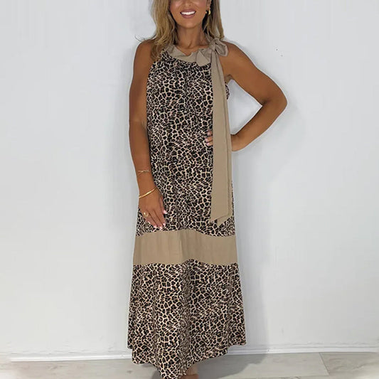 💥Last Day Special Sale 50% OFF💝👗Women's Leopard Print Tie Neck Sleeveless Long Dresses