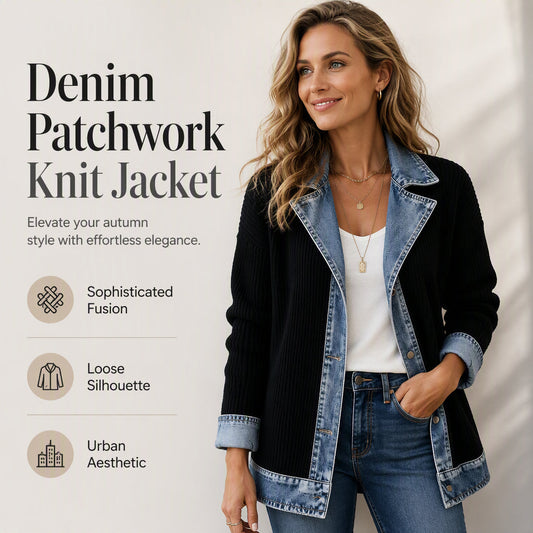 ⌛⏰Last Day 50% OFF🎁🧥Women's Elegant Denim Spliced Ribbed Knit Coat