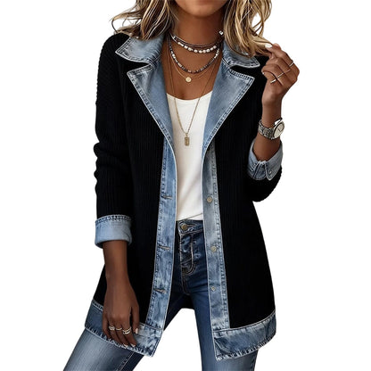 ⌛⏰Last Day 50% OFF🎁🧥Women's Elegant Denim Spliced Ribbed Knit Coat